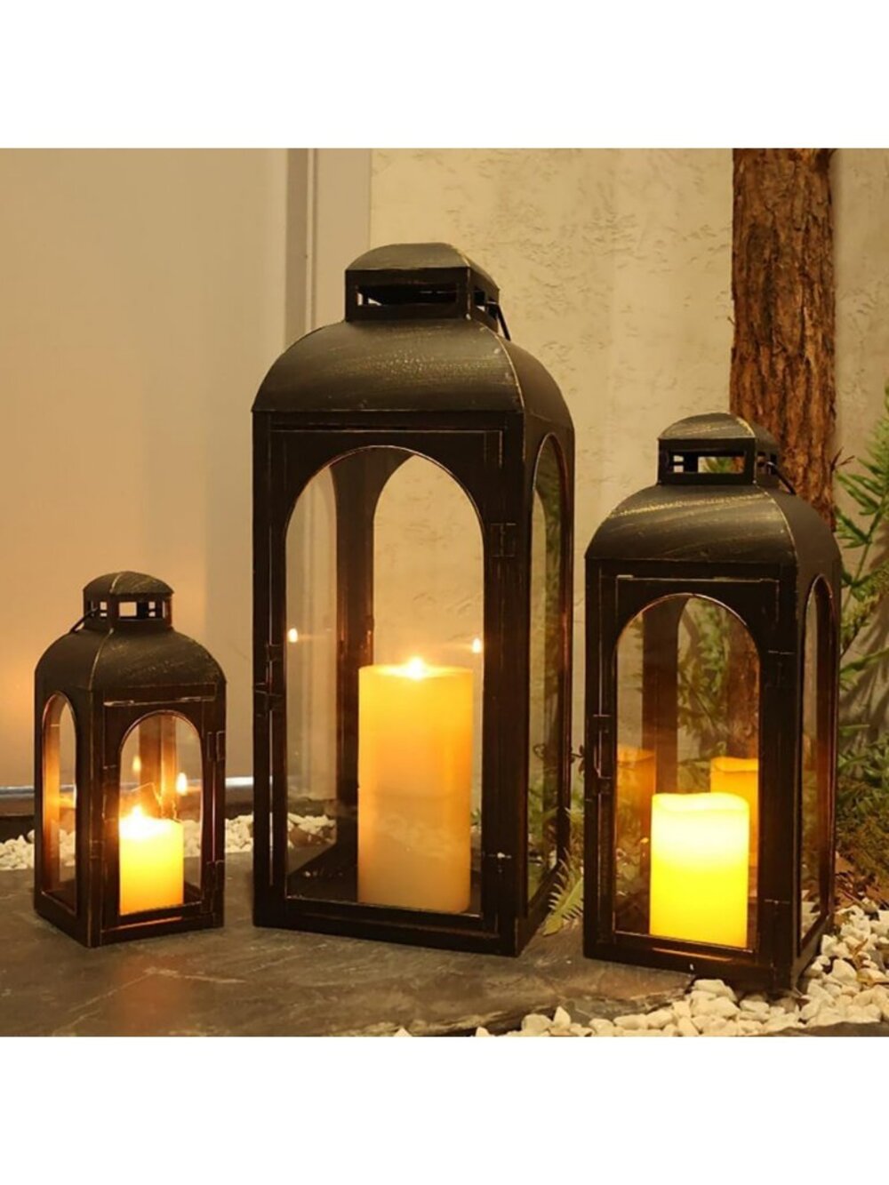 Decorative Lantern Set of 3 - 26" Metal Frame Candle Holders for Indoor